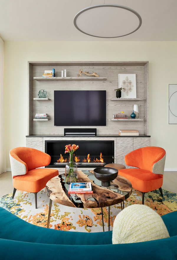 abstract rug design in a light filled modern living room in new york. Cream, green, orange, yellow, black rug. colorful area rug.
