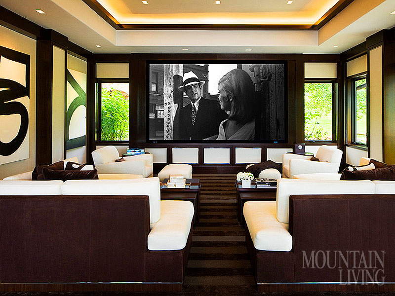 modern stunning home theater in a gorgeous mountain home featuring our custom corbu rug.
