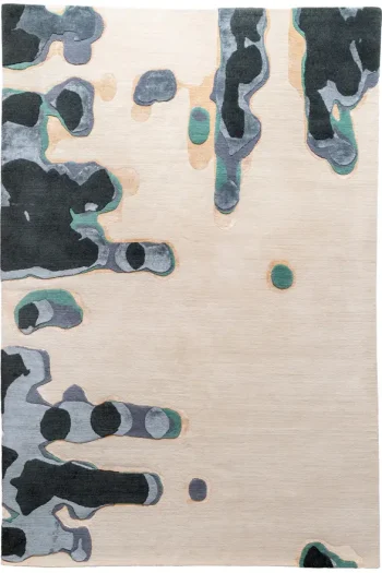 abstract rug "Drips" showing liquid-like shapes pooling and dripping from one side across a cream background