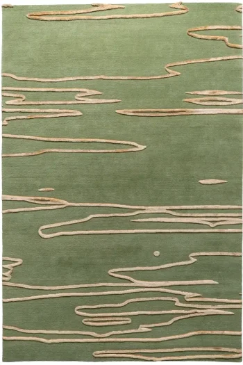 textured sage green area rug with raised tan organic pattern. Modern, biophilic rug design featuring dimensional high-low pile.
