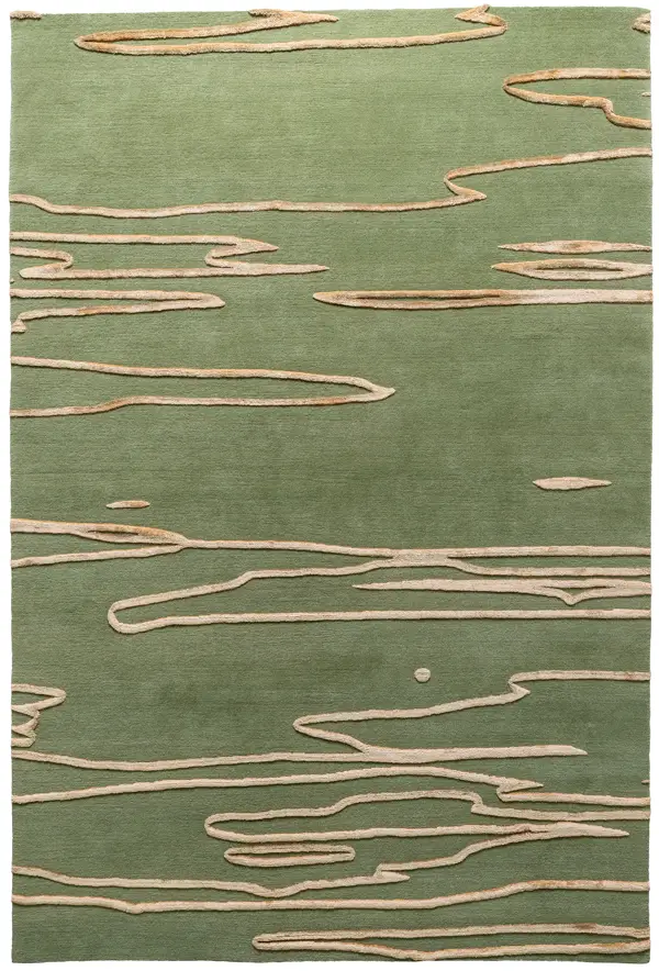 textured sage green area rug with raised tan organic pattern. Modern, biophilic rug design featuring dimensional high-low pile.