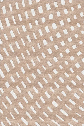 Top-down view of a Bauhaus geometric neutral rug featuring a rhythmic pattern in cream rectangles on a textured sand-tan background.