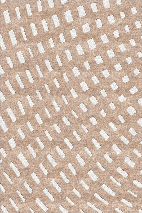 Top-down view of a Bauhaus geometric neutral rug featuring a rhythmic pattern in cream rectangles on a textured sand-tan background.