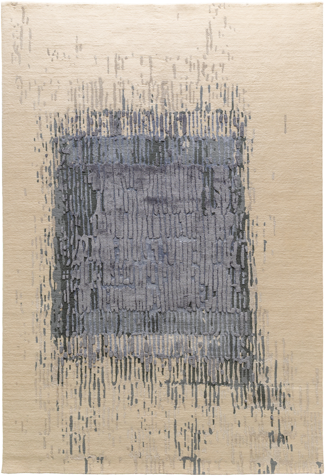 abstract rug design in neutral tones, ivory and blue, gray. rug art