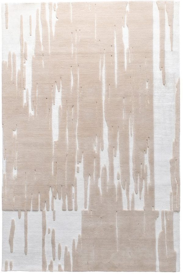 handmade neutral rug with abstract vertical texture and layered forms and ivory tones