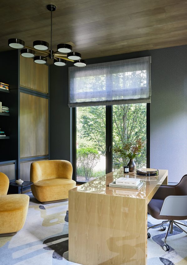 geometric abstract modern rug design for this gorgeous home office. cream, blue and gold rug.